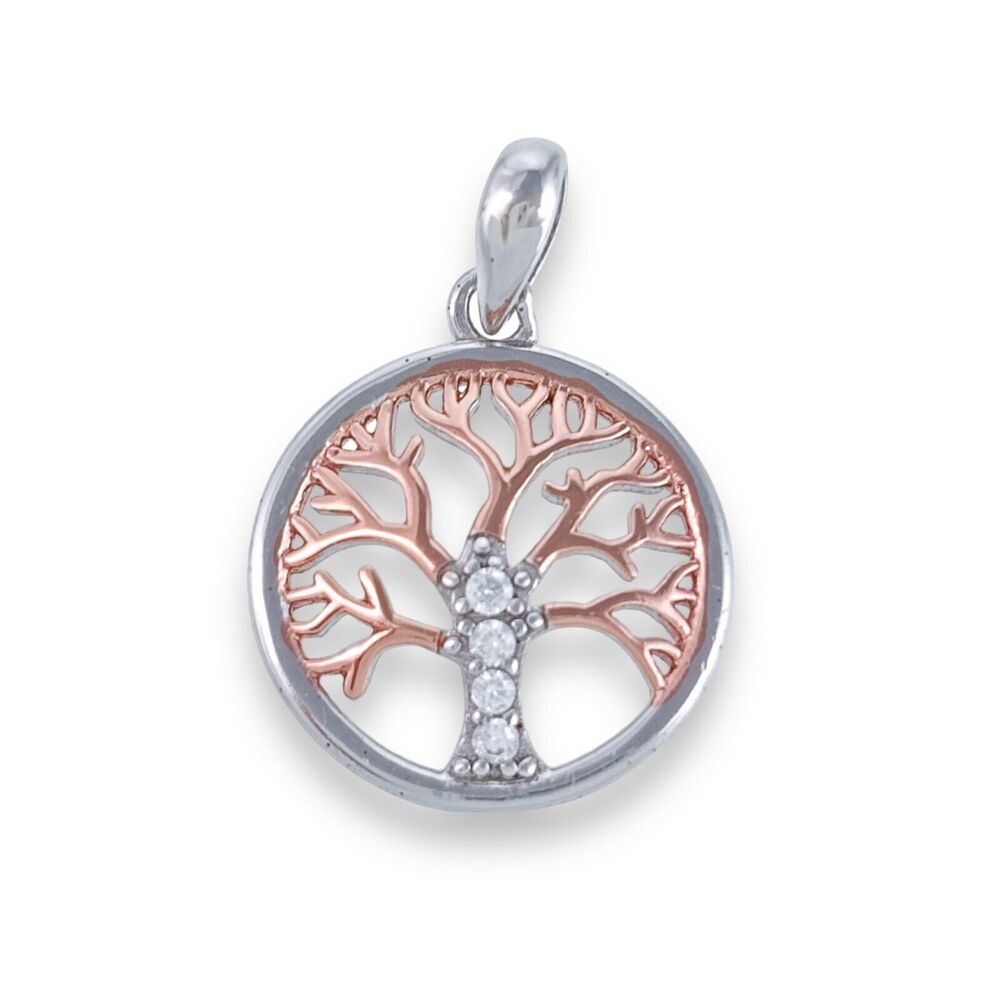 Estate Sterling Silver Rose Gold Plate Cubic Zirconia Family Tree Pendant